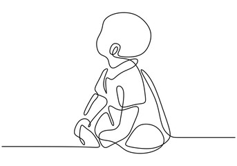 Wall Mural - Continuous single drawn of cute baby is sitting on the floor. The baby is sitting while looking up one line sketch on white background. Character a little kid in the minimalist style