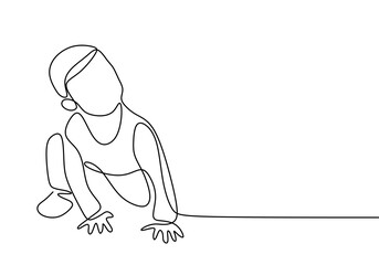 Wall Mural - Continuous single line drawing of pretty baby in crawling. Cute baby boy learn to crawl on the floor isolated on white background. Little boy in one year old minimalism design. Vector illustration