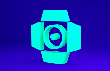 Sticker - Green Movie spotlight icon isolated on blue background. Light Effect. Scene, Studio, Show. Minimalism concept. 3d illustration 3D render.