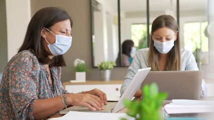 Wall Mural - Business women working in office with face mask