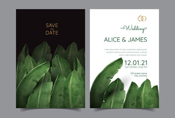 Wall Mural - Wedding Invitation, floral invite thank you, rsvp modern card Design: green tropical palm leaf greenery eucalyptus branches decorative wreath & frame pattern. Vector elegant watercolor rustic template