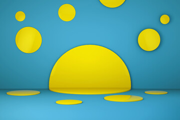 Wall Mural - yellow stage with blue background. place for products. circle pedestal . 3d render