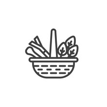 Herbs Basket Line Icon. Linear Style Sign For Mobile Concept And Web Design. Wicker Basket With Celery Leaves Outline Vector Icon. Symbol, Logo Illustration. Vector Graphics