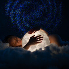 Wall Mural - young attractive naked girl sleeping on the soft cloud and hugs the bright white moon. naked girl wi