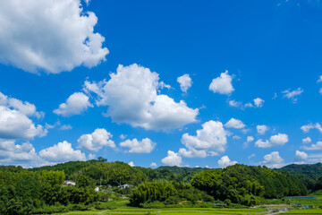 青空と農村の田園風景　京都府木津川市