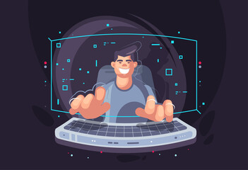 Creative illustration of a young programmer. Modern software development technologies.