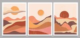 Fototapeta Boho - set of Mid century modern minimalist. Abstract nature, sea, sky, sun, rock mountain landscape poster. Geometric landscape background in scandinavian style. Vector illustration