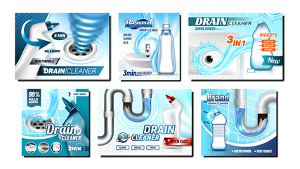 Wall Mural - Clogged Drain Cleaner Promo Posters Set Vector. Drain Cleaning Liquid Blank Bottles, Sink Hole And Clog Pipe On Advertising Marketing Banners Collection. Style Color Concept Template Illustrations