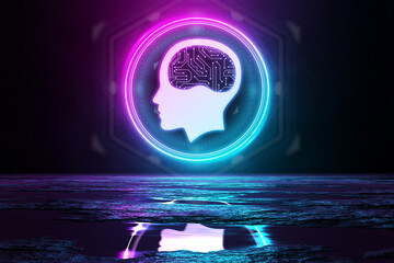 Aufkleber - Digital brain holographic icon illuminating the floor with blue and pink neon light 3D rendering