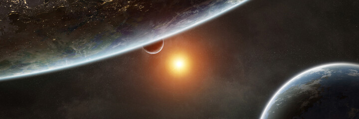 Leinwandbilder - Panoramic space planets background. Panorama of distant solar system with exoplanets 3D rendering elements of this image furnished by NASA