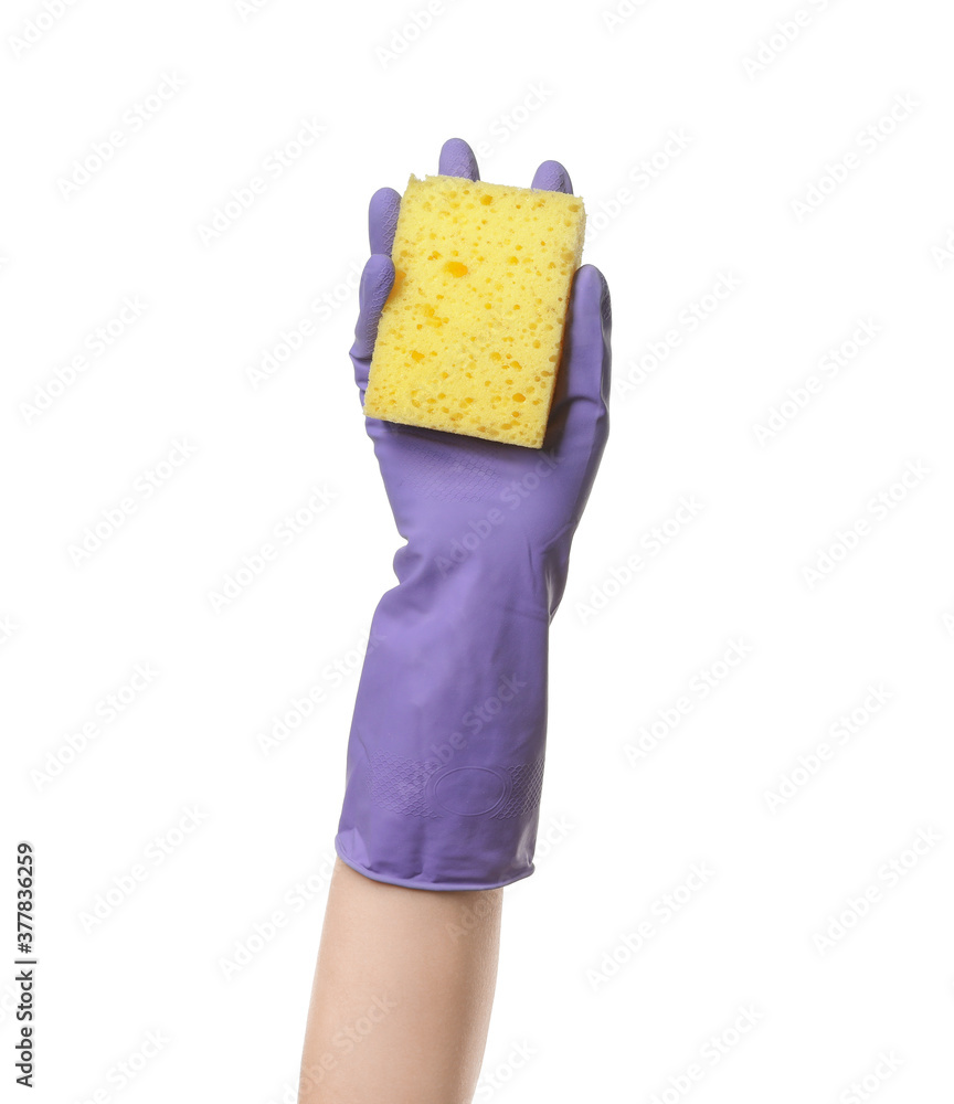 Hand in rubber glove holding sponge on white background