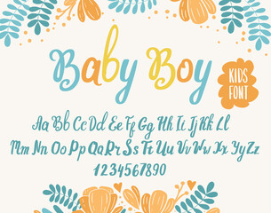  Kids font. Typography alphabet with colorful child illustrations. Handwritten script for party celebration and crafty design.