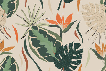 Wall Mural - Modern exotic jungle plants illustration pattern. Creative collage contemporary floral seamless pattern. Fashionable template for design.