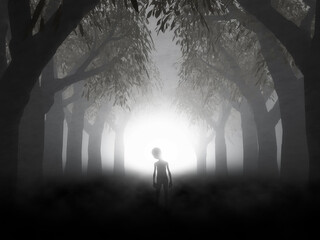 Wall Mural - 3d spooky landscape with alien in foggy forest