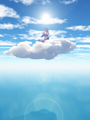 Wall Mural - 3d surreal landscape with female in yoga position in cloud