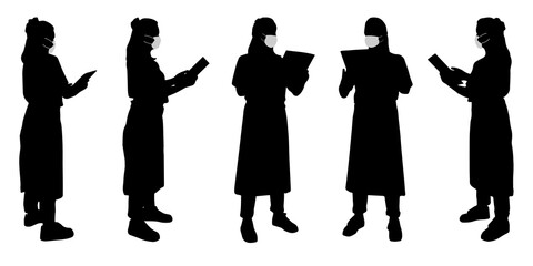 Vector concept conceptual  silhouette women working while social distancing as means of prevention and protection against coronavirus contamination. A metaphor for the new normal.