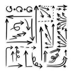 Wall Mural - vector set of black arrows with shadows isolated on white background, doodle marker drawings.