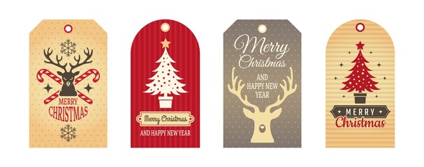 Poster - Merry Christmas badges. Cloth labels, handcraft gift tags. Holiday cartboard winter decoration elements vector set. Illustration cloth handcraft tag gift xmas