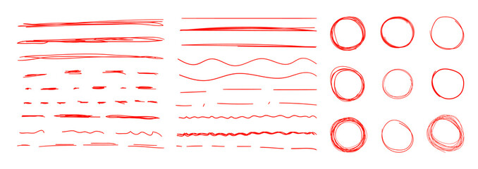 Wall Mural - vector set of red colorful underline strokes and circles, hand drawn design elements, correction mar