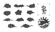 Vector Black and White Oriental Style Decorative Elements, Isolated Illustrations Set, Clouds, Waves and Dragon.