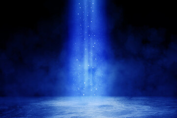 Wall Mural - empty space of studio dark room with blue lighting effect and fog or mist on concrete floor in black