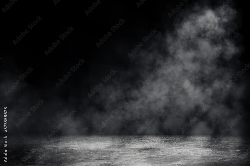 Empty space of Studio dark room with spot lighting and white smoke in black background.  - obrazy, fototapety, plakaty 