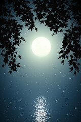 Poster - landscape with lake framed by branches on moonlight night. blue mysterious background with full moon