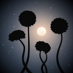 Sticker - Landscape with dandelions. Full moon in night starry sky
