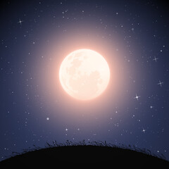Sticker - Landscape with grassy hill on moonlight night. Navy blue mysterious background with full moon in starry sky. Square vector illustration for use in polygraphy, textile, design, interior decor