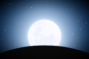 Sticker - landscape with grassy hill. full moon in night starry sky