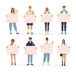 Cartoon characters standing young women and men holding blank posters. Girls and guys with banners with place for text. Youth, school sale. Vector illustration