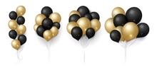 Gold Black Balloons. Glittered Balloon Bunch, Isolated Flying Festive Decoration. Realistic 3d Birthday Wedding Sale Or Anniversary Elements Vector Illustration. Gift Balloon Helium To Celebration