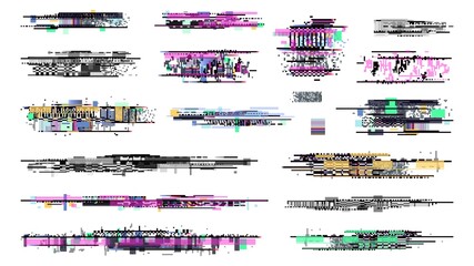 Decay signal. Glitch graphics, tv noise signal collection. Retro pixel television error, screen video damage. Techno bug background, grunge disintegration on display vector illustration