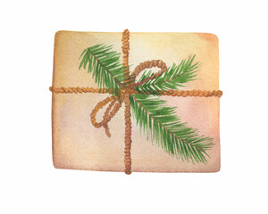 Merry Christmas and New Year gift box in craft wrapping paper is decorated with spruce branch, in vintage style. Watercolor hand drawn painting illustration isolated on white background.