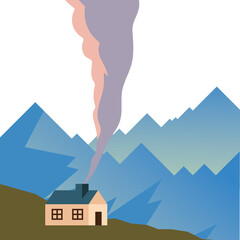 Sticker - house with smoke in front of mountains vector design