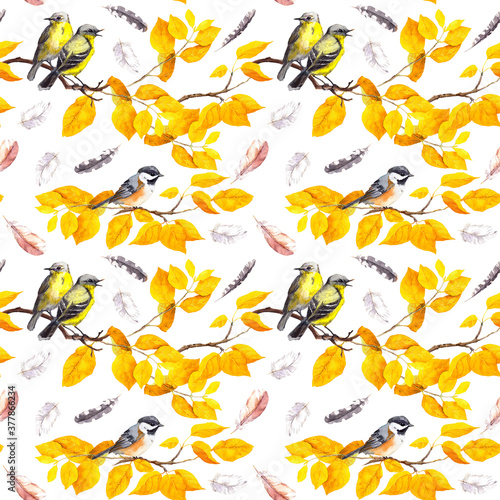 Tela Birds on autumn branches with abctract yellow leaves, falling feathers
