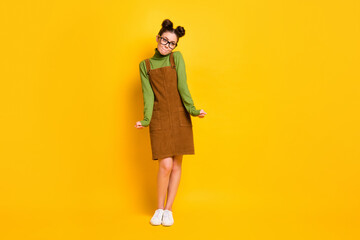 Poster - Full size photo of pretty lovely girl look good feel modest wear green jumper skirt overall isolated over vibrant color background