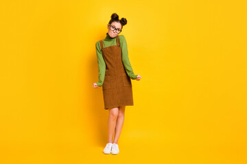 Sticker - Full size photo of pretty lovely girl look good feel modest wear green jumper skirt overall isolated over vibrant color background