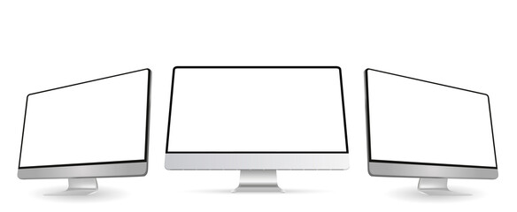 Computer monitor screen mockup with perspective view to showcase website design project in modern style. Three panels of Computer Monitors Mockup with white blank screen. Vector illustration