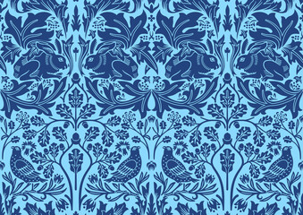 Wall Mural - Blue hand drawn seamless pattern ornament with rabbit, bird and plants. Vector illustration.