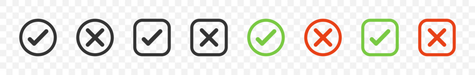 Check mark with cross mark. Vector icons in square and circle. Yes or No symbols. Check mark and cross icons. Vector illustration