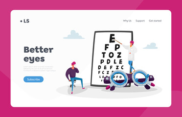 Wall Mural - Optician Exam Landing Page Template. Ophthalmologist Doctor Check Up Eyesight for Eyeglasses Diopter. Oculist Checkup