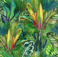 Tropical leaves hand-drawn by watercolor. Seamless tropical pattern. Stock illustration