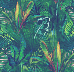  Tropical leaves hand-drawn by watercolor. Seamless tropical pattern. Stock illustration