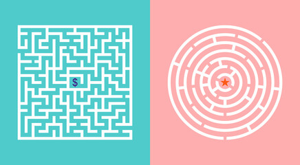 Labyrinth game. maze with way. Puzzle with entrance, road and exit. Square, round difficult riddles. Go, find door in circle. Logic map or graphic rebus. Pattern with confused path and goal. Vector