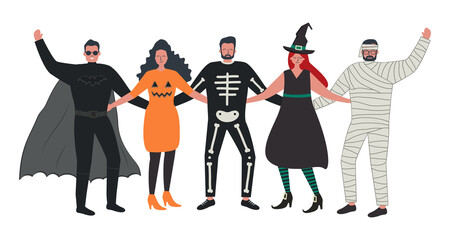 Wall Mural - Halloween party. Young people in Halloween costumes stand together and hug. Vector illustration