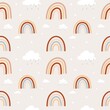 Bohemian style rainbow pattern. Colorful rainbow seamless background for wallpapers, textile, cards etc. Brown, red, beige and neutral colored rainbows with stars and clouds, Vector illustration