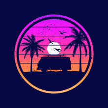 Landscape Skyline With Van, Sun And Palm Trees. Retrowave, 80's Vector Graphic For Apparel
