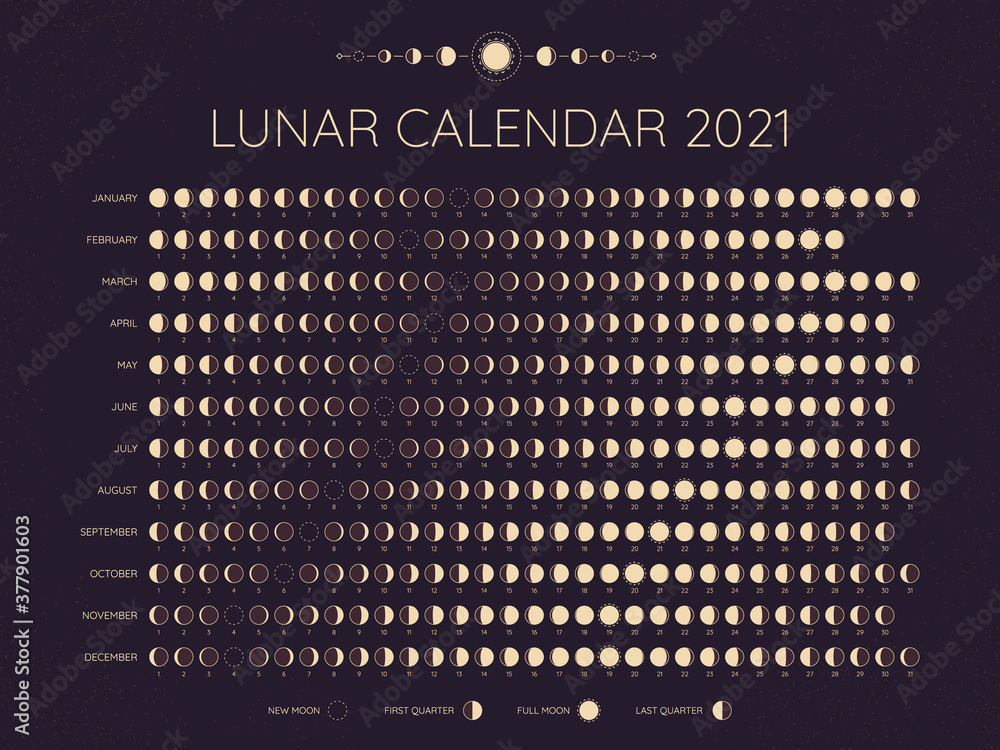 Moon calendar 2021. Lunar phases cycles dates, full. New and every phase in between, moon schedule monthly calendar year vector illustration. Lunar calendar at year, template monthly schedule - obrazy, fototapety, plakaty 