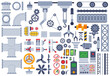 © Tartila - Flat machinery. Auto construction different mechanism, technical gears, pinion, shaft, joints, factory equipment machine parts vector set. Illustration machinery industry, equipment and engineering